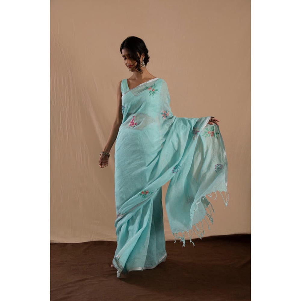 KAVANA Neel Gagan Blue Linen Saree