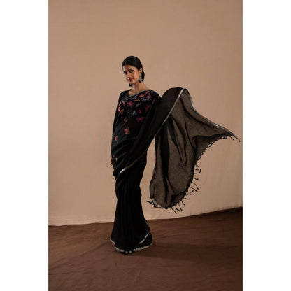 KAVANA Women Embroidered Black Titli Linen Saree