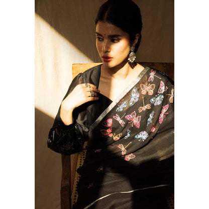 KAVANA Women Embroidered Black Titli Linen Saree