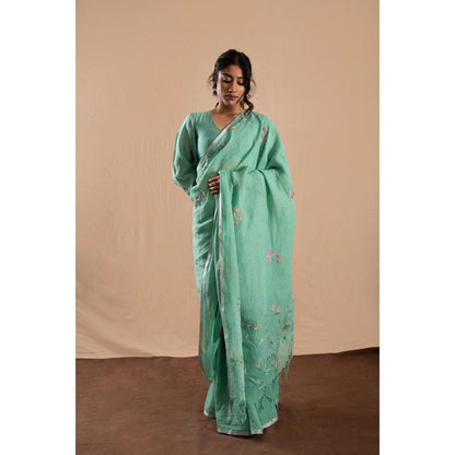 KAVANA Women Embroidered Green Suhana Safar Linen Saree