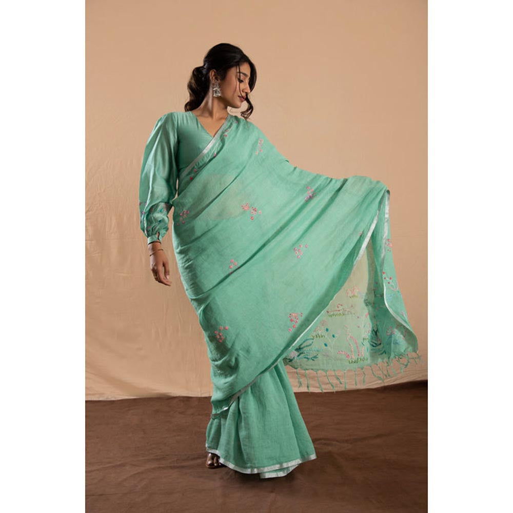 KAVANA Women Embroidered Green Suhana Safar Linen Saree