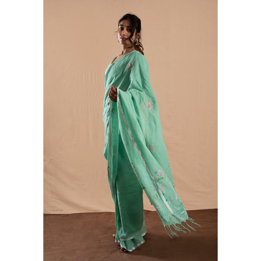 KAVANA Women Embroidered Green Suhana Safar Linen Saree