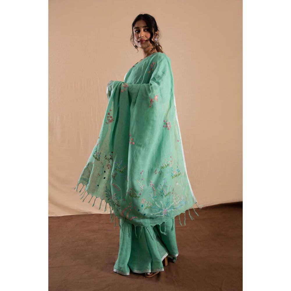 KAVANA Women Embroidered Green Suhana Safar Linen Saree