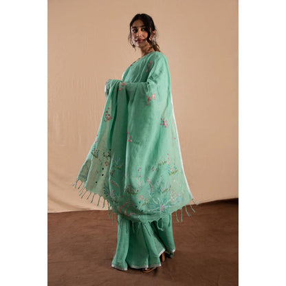 KAVANA Women Embroidered Green Suhana Safar Linen Saree