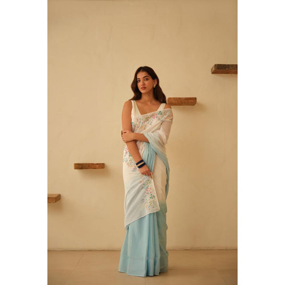 KAVANA Women White and Blue Ombre Floral Hand Embroidered Cotton Saree
