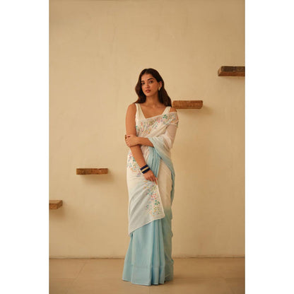 KAVANA Women White and Blue Ombre Floral Hand Embroidered Cotton Saree