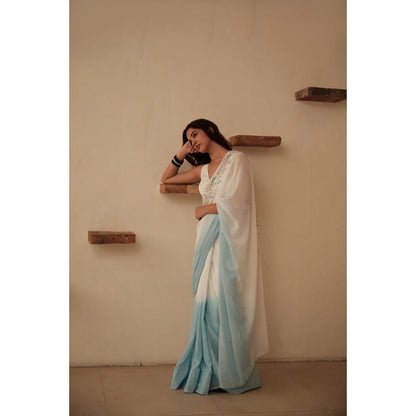 KAVANA Women White and Blue Ombre Floral Hand Embroidered Cotton Saree