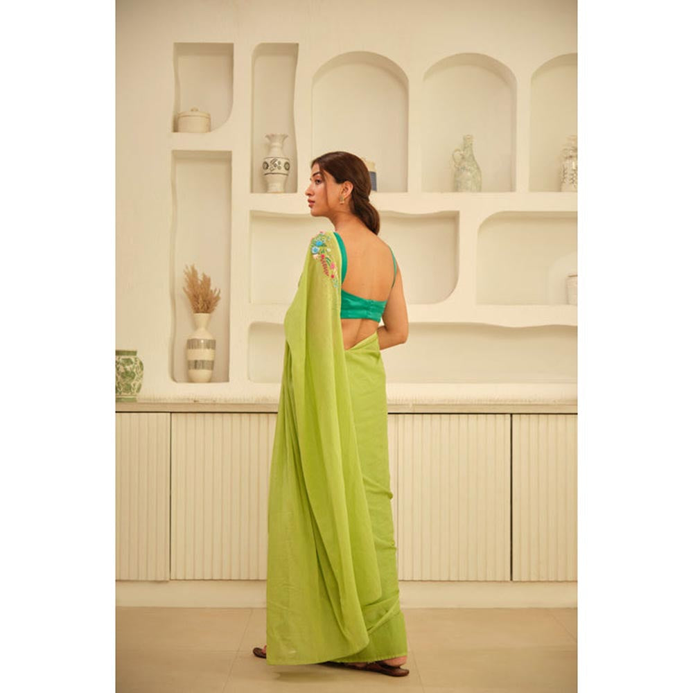 KAVANA Women Green Crochet Floral Hand Embroidered Cotton Saree