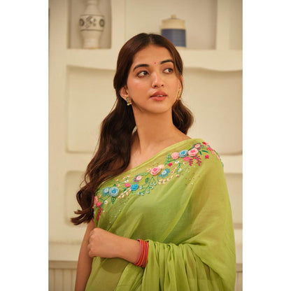 KAVANA Women Green Crochet Floral Hand Embroidered Cotton Saree