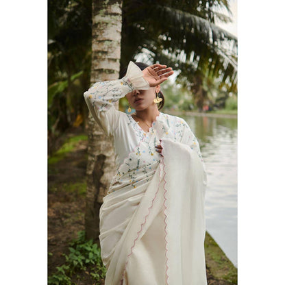 KAVANA Mace White Handwoven Chanderi Saree