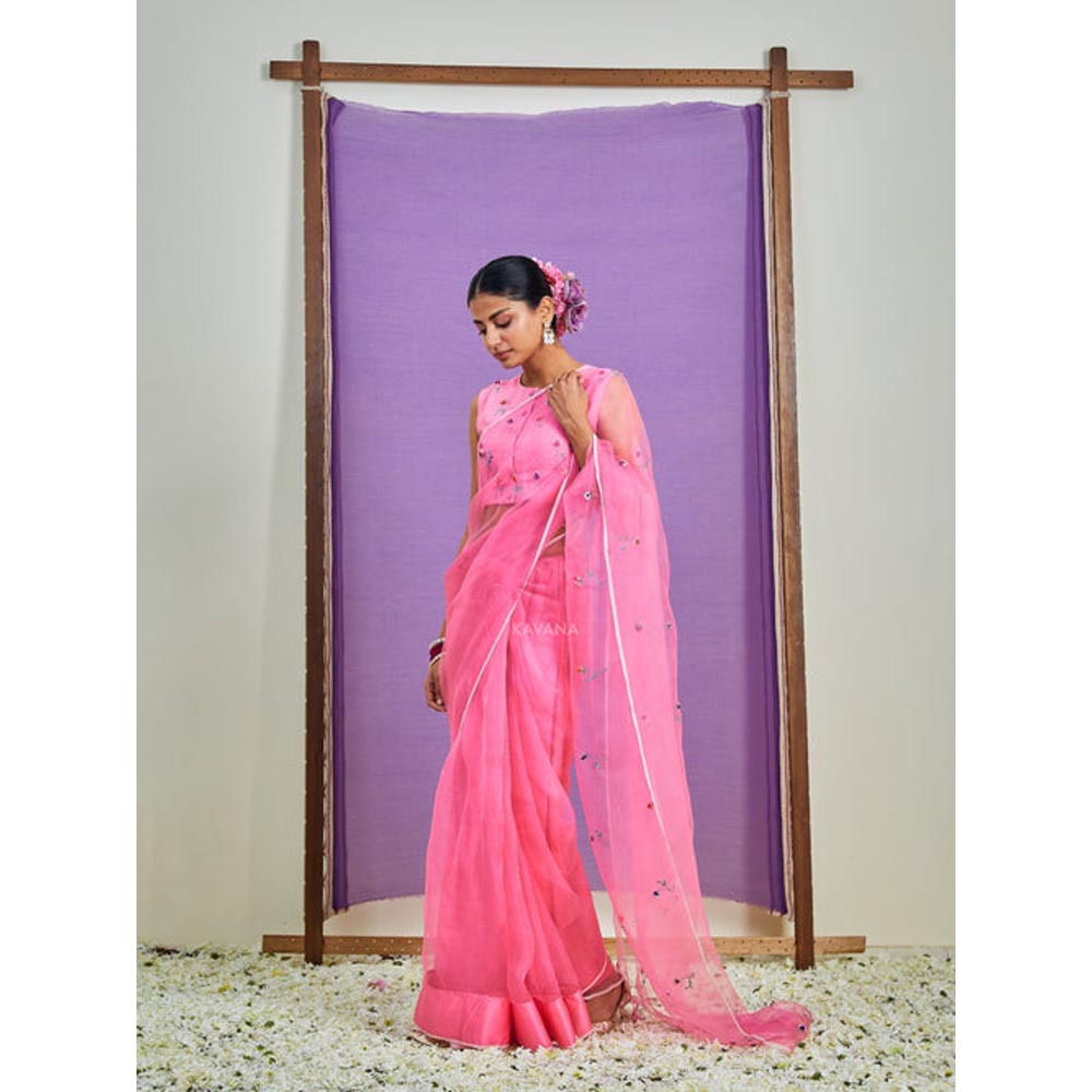 KAVANA Women Pink Embroidered Dilkashi Silk Organza Saree