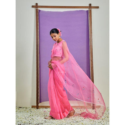 KAVANA Women Pink Embroidered Dilkashi Silk Organza Saree