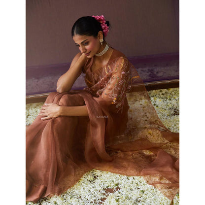 KAVANA Women Brown Embroidered Dhara Silk Organza Saree
