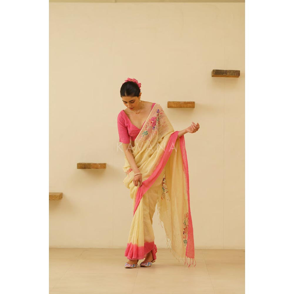 KAVANA Women Embroidered Yellow Tara Linen Saree