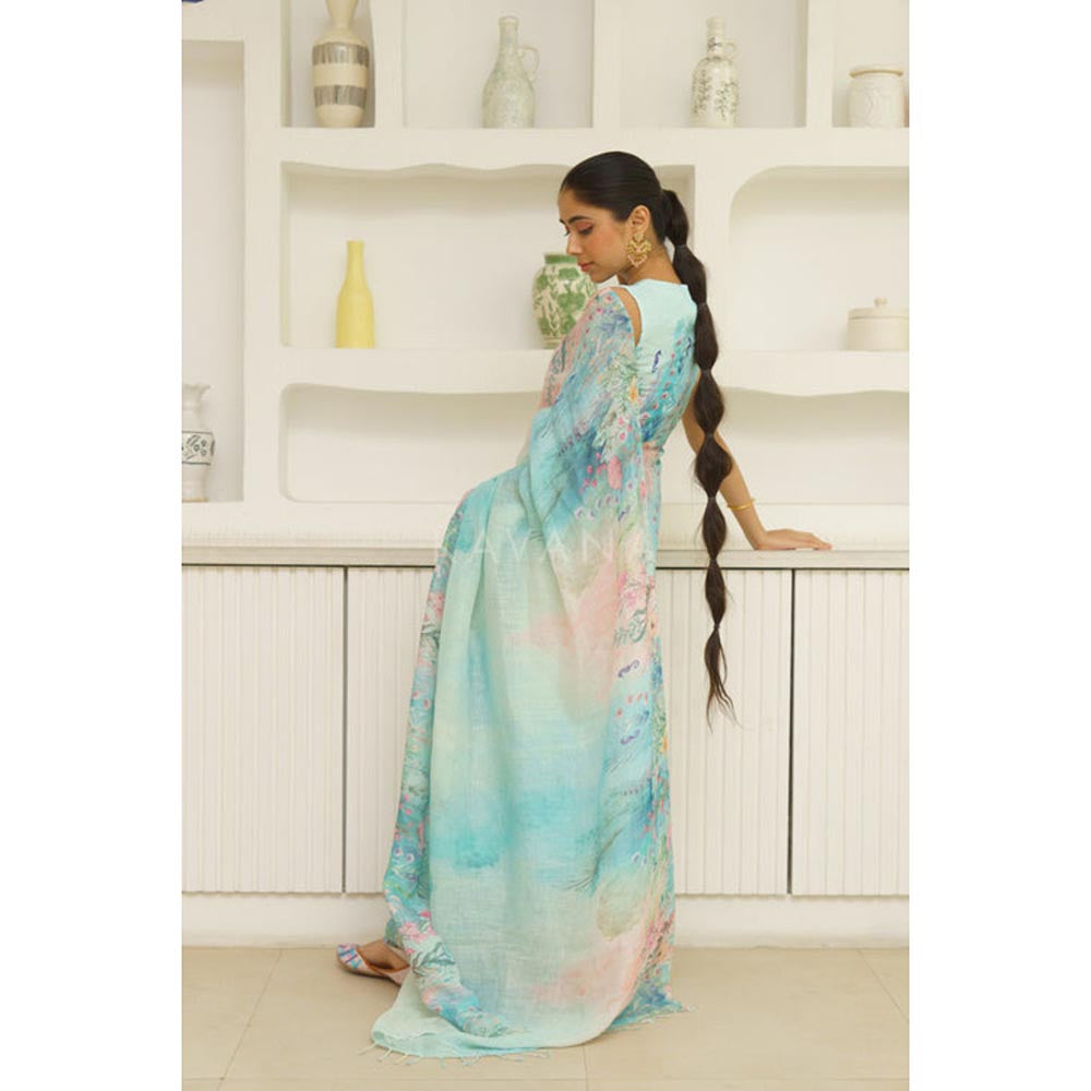 KAVANA Women Floral Print Blue Dariya Linen Saree