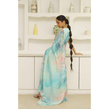 KAVANA Women Floral Print Blue Dariya Linen Saree