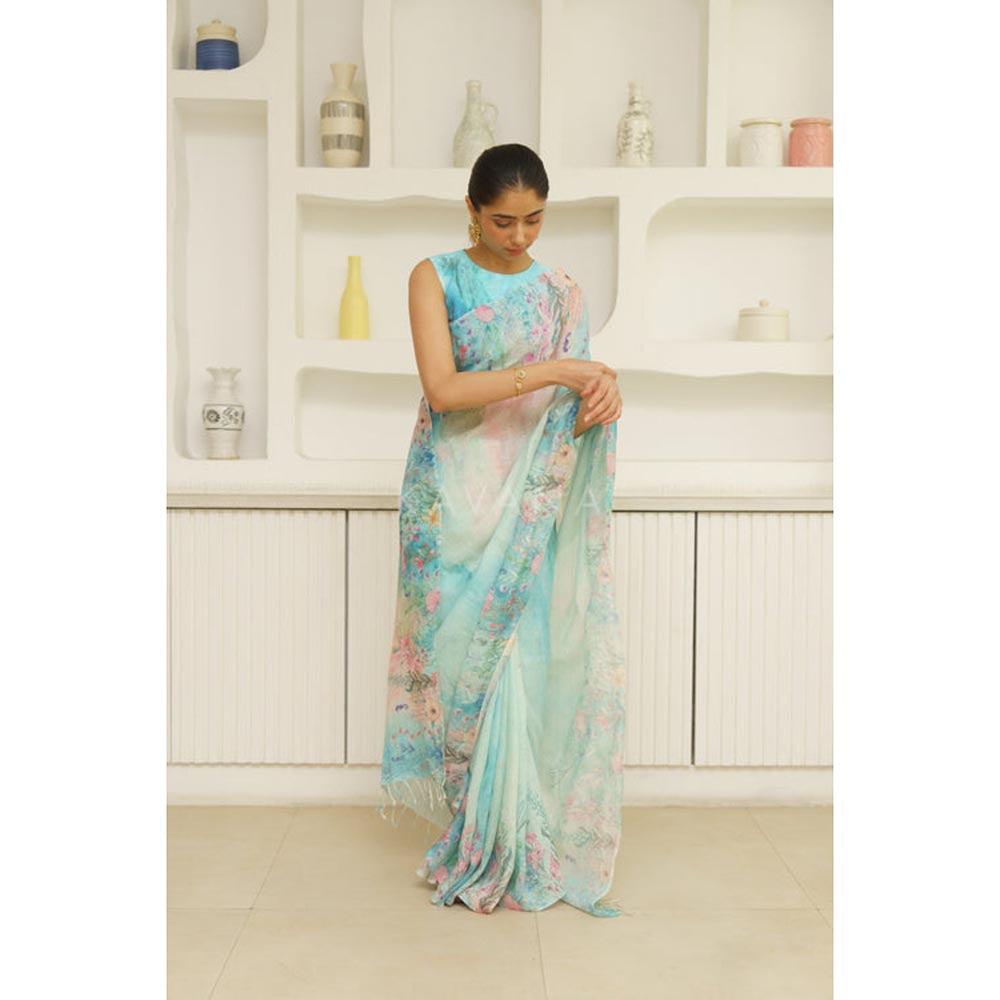 KAVANA Women Floral Print Blue Dariya Linen Saree