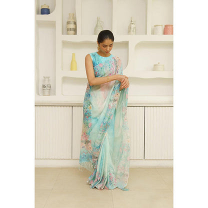KAVANA Women Floral Print Blue Dariya Linen Saree