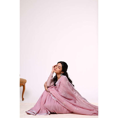 KAVANA Women Embroidered Pink Rangana Linen Saree
