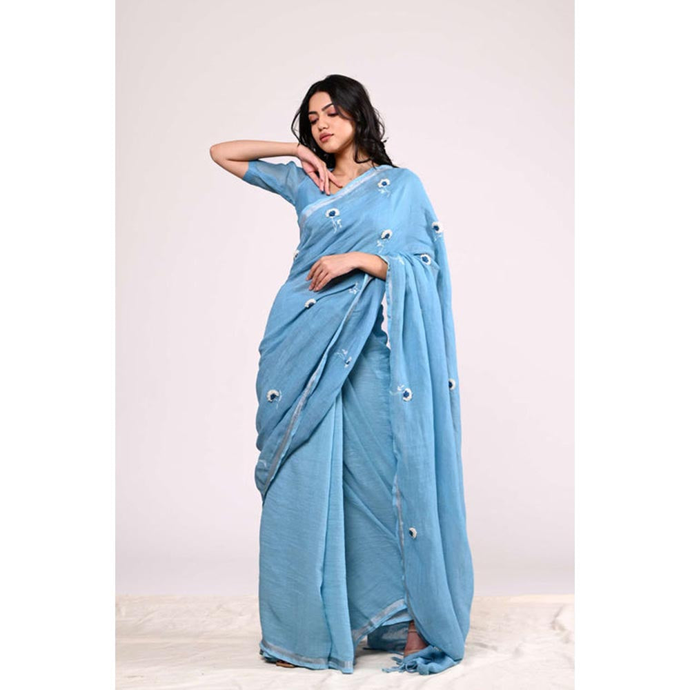KAVANA Women Blue Embroidered Gulista Linen Saree