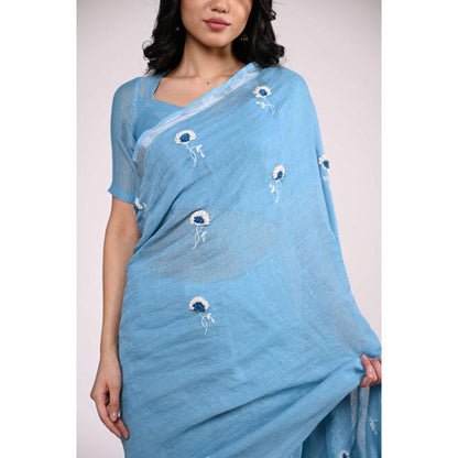 KAVANA Women Blue Embroidered Gulista Linen Saree