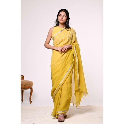 KAVANA Women Yellow Embroidered Genda Linen Saree