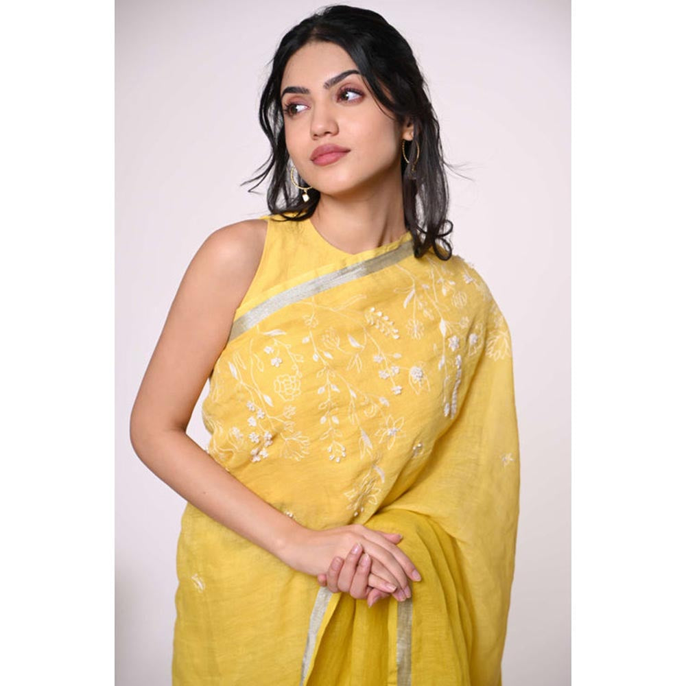 KAVANA Women Yellow Embroidered Genda Linen Saree