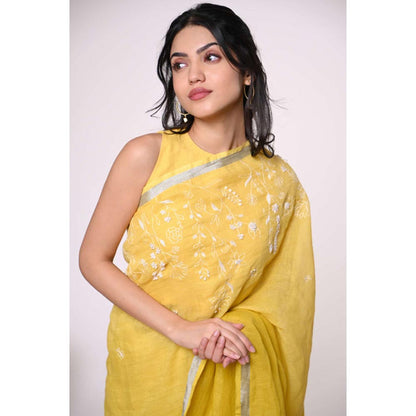 KAVANA Women Yellow Embroidered Genda Linen Saree