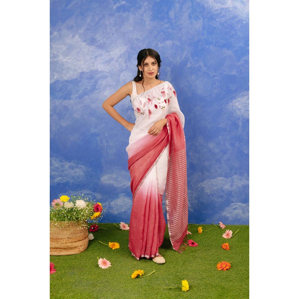 KAVANA Women White Embroidered Gulabi Amber Saree
