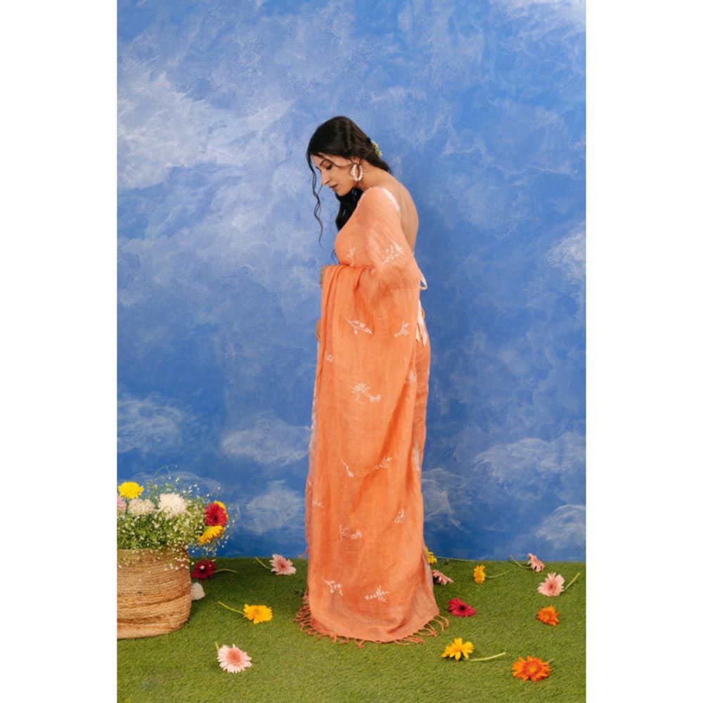 KAVANA Women Orange Embroidered Champa Linen Saree