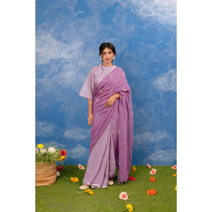 KAVANA Manjri Linen Purple Embroidered Saree