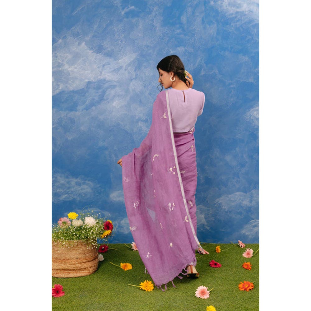 KAVANA Manjri Linen Purple Embroidered Saree