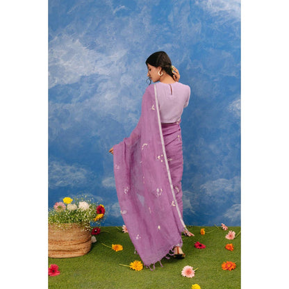 KAVANA Manjri Linen Purple Embroidered Saree