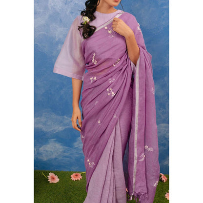 KAVANA Manjri Linen Purple Embroidered Saree