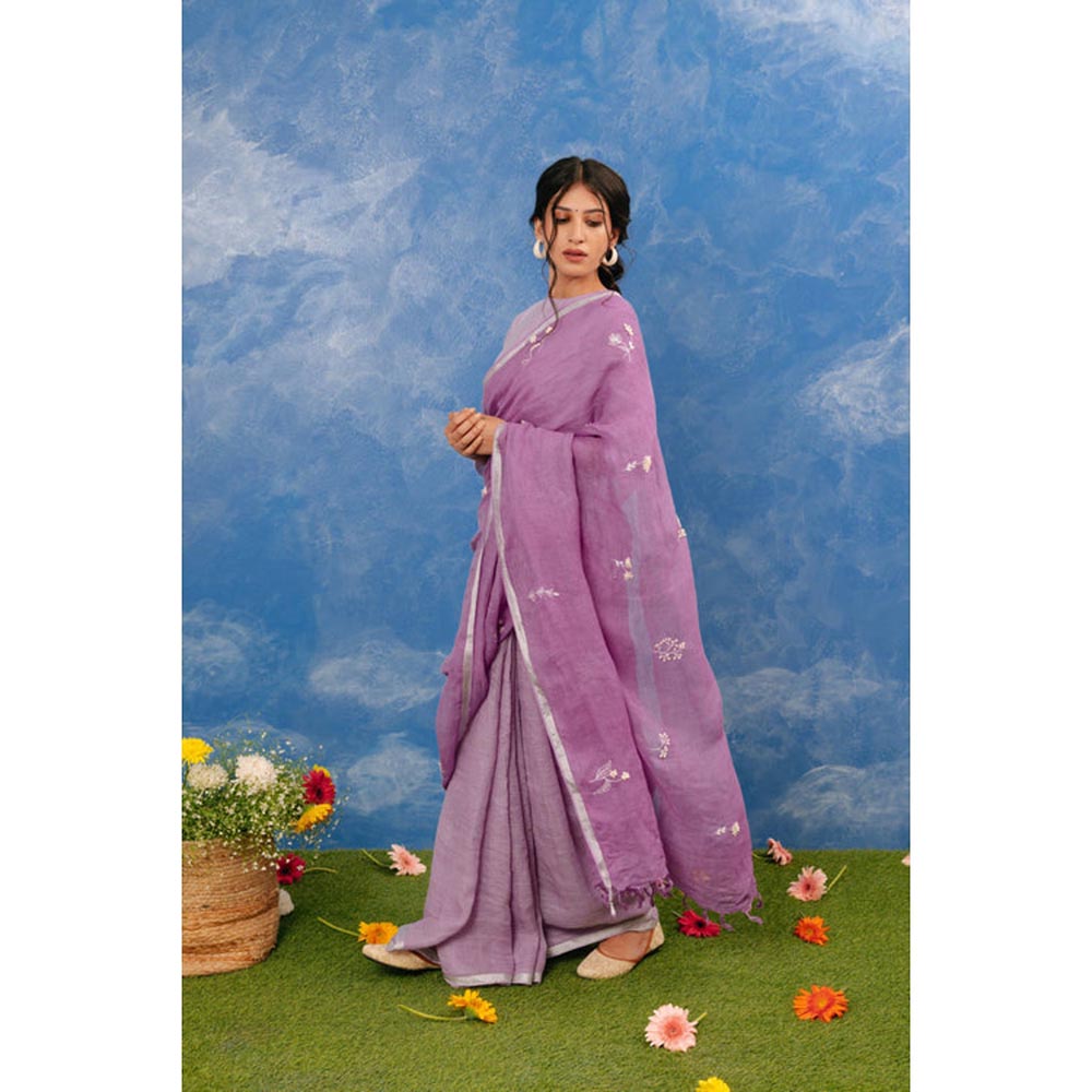 KAVANA Manjri Linen Purple Embroidered Saree
