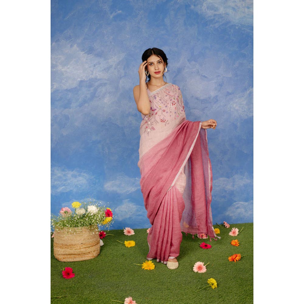 KAVANA Women Pink Embroidered Gulkand Linen Saree