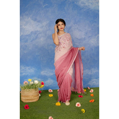 KAVANA Women Pink Embroidered Gulkand Linen Saree