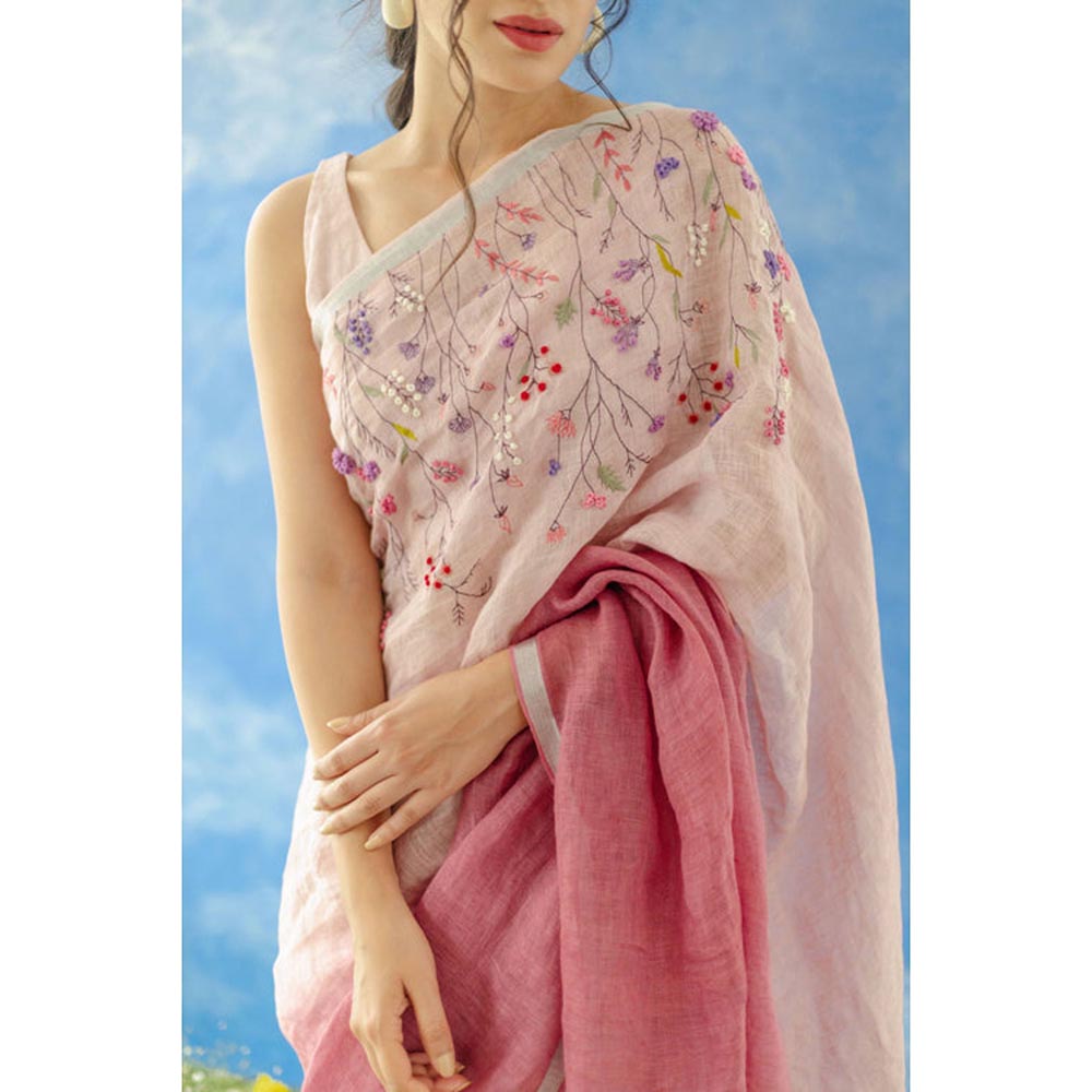KAVANA Women Pink Embroidered Gulkand Linen Saree