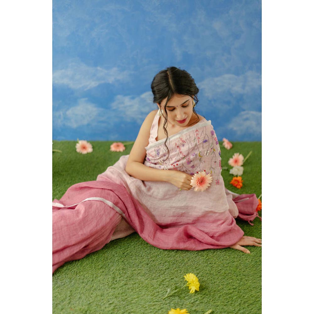 KAVANA Women Pink Embroidered Gulkand Linen Saree