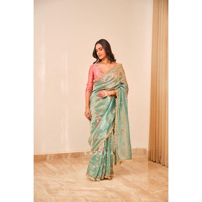 KAVANA Women Blue Embroidered Emerald Bloom Saree