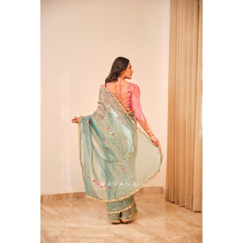 KAVANA Women Blue Embroidered Emerald Bloom Saree