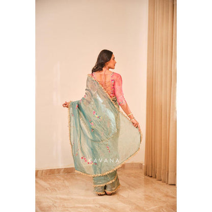 KAVANA Women Blue Embroidered Emerald Bloom Saree