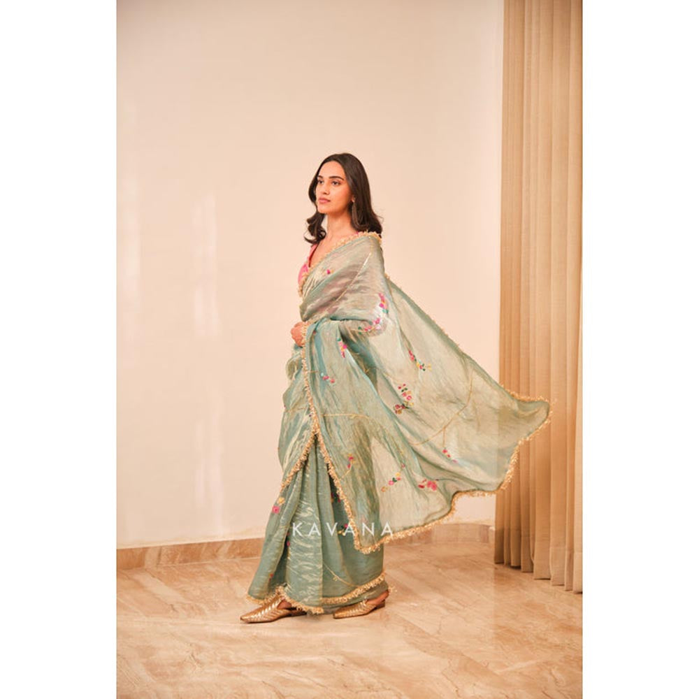 KAVANA Women Blue Embroidered Emerald Bloom Saree