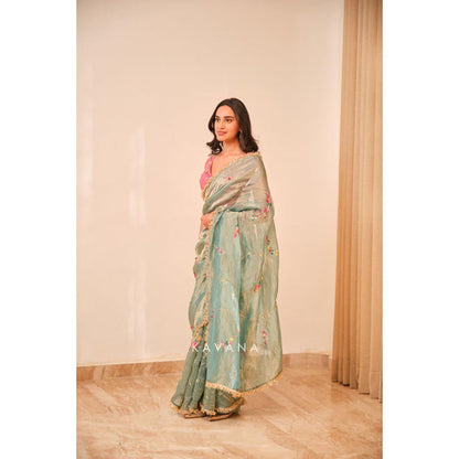 KAVANA Women Blue Embroidered Emerald Bloom Saree