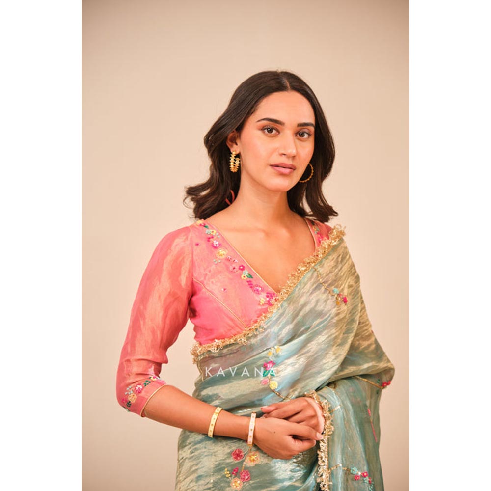 KAVANA Women Blue Embroidered Emerald Bloom Saree