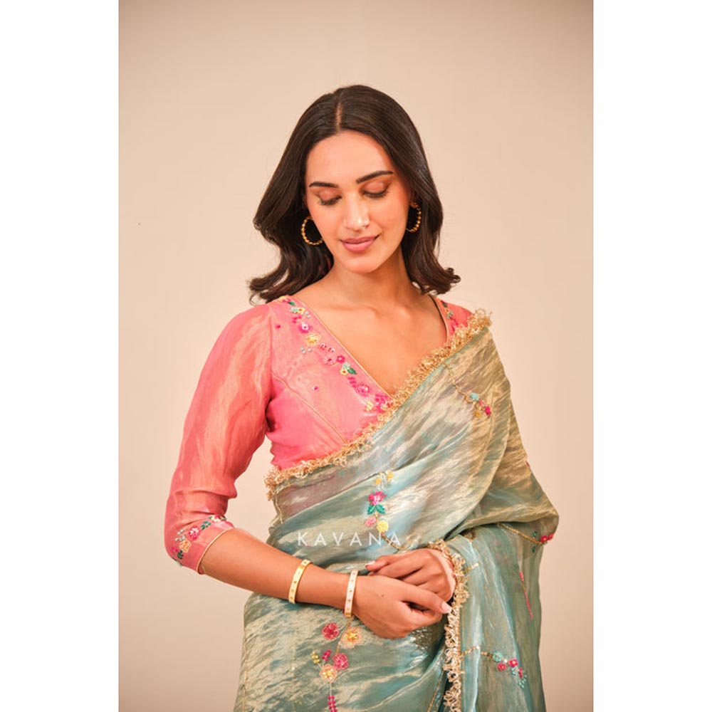 KAVANA Women Blue Embroidered Emerald Bloom Saree