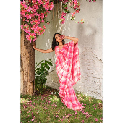 KAVANA Women Pink Checked Bubblegum Saree