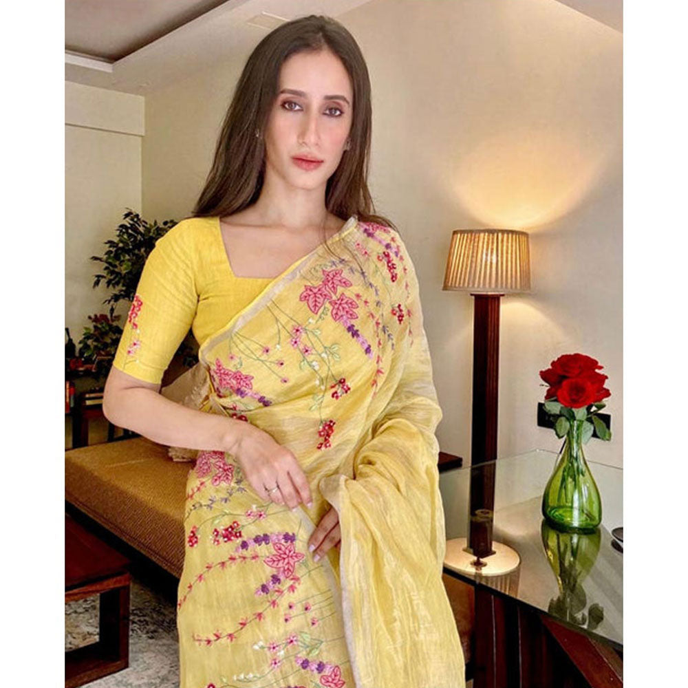KAVANA Women Embroidered Yellow Amal Zari Linen Saree