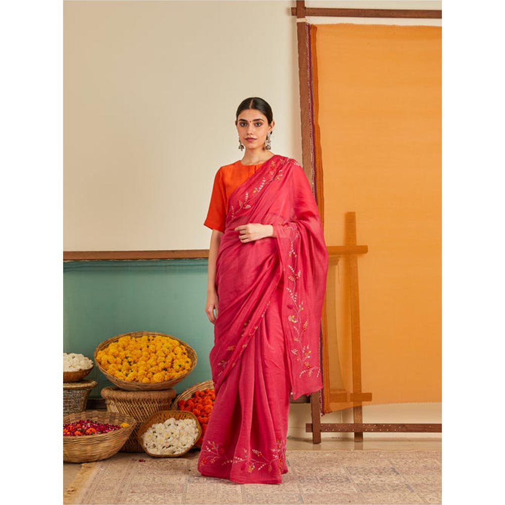 KAVANA Women Pink Dahlia Chanderi Saree