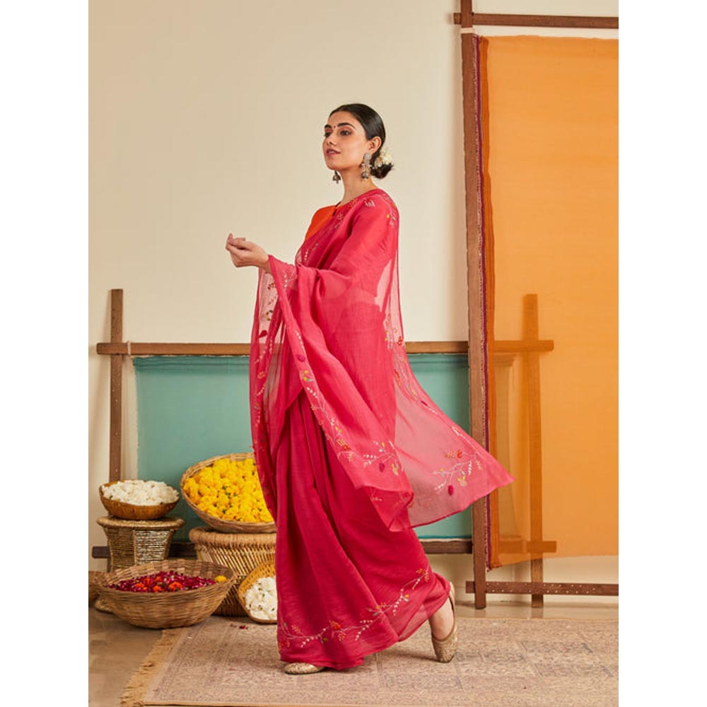 KAVANA Women Pink Dahlia Chanderi Saree